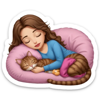 girl with long wavy brown hair, brown eyes, long lashes makeup, sexy pink lips, light to medium complexion,  sleeping on a cozy pillow, with brown tabby cat, sleeping sticker