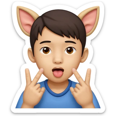a boy with asian eyes holding his ears with 2 fingers and with his tongue out sticker