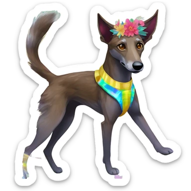  brindle brown black maroon gold lurcher Alsatian fox running blue eyes and iridescent holographic oilslick harness wearing paper iridescent tropical flower crown yellow caution tape sticker