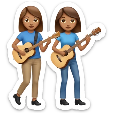 based on emoji style, two people walking together. one is brown-haired woman, wearing business casual, holding a guitar. Another one is a non-binary person, wearing t shirt and jeans, and the second person doesn't have anything on their hands. sticker