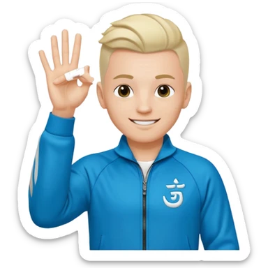 rapeur jul en emoji ios, blanc, rasé sur les cotés, cheveux au centre dressés au gel, signe J avec les mains, survet de l'om sticker