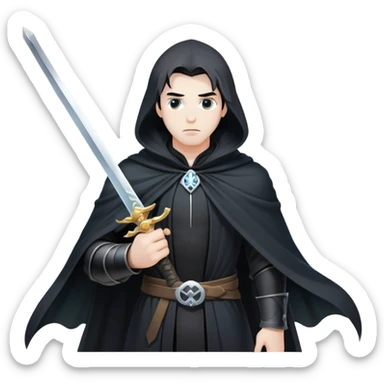 A mysterious swordsman in a black cloak, mist swirling around him sticker