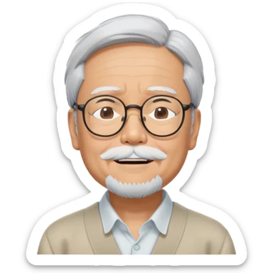 _cinematic-realistic-portrait-of-hayao-miyazaki,-depicted-with--large-rectangular-glasses,-his-happy-expression-rendered-in-lifelike-detail,-illuminated-with-soft,-realistic-lighting-that-emphasizes-his-creative-genius, his eyes closed  sticker