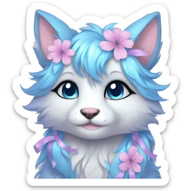 Anthro Cute Cool Pastel Kawaii gorgeous sparkly ethereal fantasy animal creature with blue eyes furry sona with flowers and ribbons beautiful aesthetic sticker