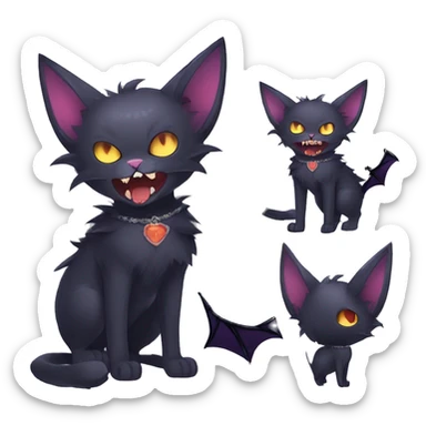  cool edgy kawaii ethereal dark-punk-themed animal vampiric cat-hybrid Fakemon with fangs and bat-wing-ears with a collar full body sticker