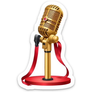 Create a vibrant and dynamic emoji that represents pop vocal performance without people. The design should feature a close-up of a classic stage microphone (retro-style) with a lanyard, set against a stage background. Add concert lighting, a celebratory salute of confetti or fireworks in the background, and musical notes forming a ribbon, symbolizing the performance and creativity of pop vocals. Include subtle elements like a formal stage costume to emphasize the professional aspect. Use bright, bold colors like gold, red, and neon to reflect the energetic and glamorous nature of pop vocal performance. The background should be transparent. sticker