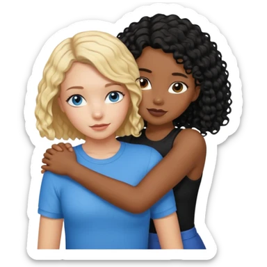 Girl best friends, one white with blond bob and blue eyes, one shorter black girl with long black curly hair, hugging sticker