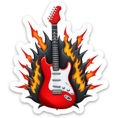Create a bold and powerful emoji representing rock vocal performance in a humanless collage. The design should feature a vintage microphone at the center, surrounded by a heavy, aggressive hardcore electric guitar with sharp, jagged edges. Include crossed drumsticks behind the guitar, symbolizing the intense rhythm of rock music. Add fiery elements like flames or lightning bolts to enhance the raw energy of the design. Use dark, bold colors like black, red, and silver, with metallic or chrome accents to reflect the rebellious, hard-hitting nature of rock. The background should be transparent. sticker
