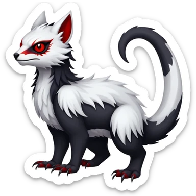 a white exotic edgy vernid-fionbr-Fakémon-creature, with black belly and red eyes, full body sticker