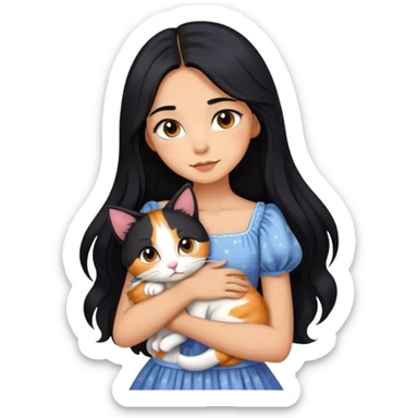 A beautiful girl with long black hair wearing a dress hugs a cat of three colors sticker