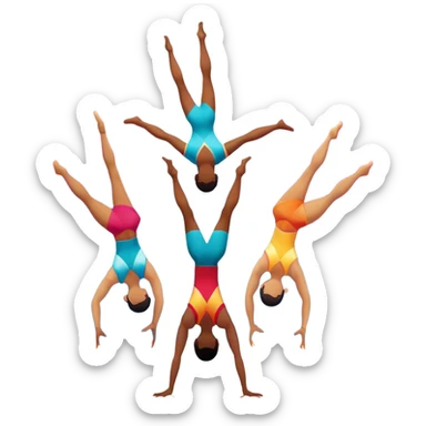 A group of acrobats performing a synchronized routine, balancing and flipping in mid-air. One acrobat is upside down while another supports them, with bright stage lighting illuminating their graceful movements against a colorful backdrop. The floor is padded for safety. sticker