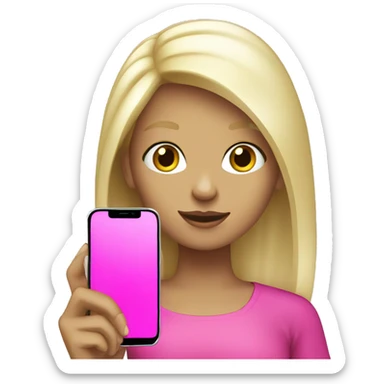 a white blond hair girl holding a pink cell phone sticker