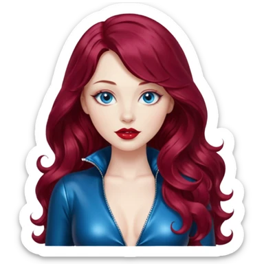 Imagine a beautiful burgundy long wavy hair, pale skin, dreamy, seductive blue eyes, plump vivid red lips,female as an action figurine. Wearing one piece black patent leather outfit sticker