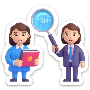 an AI assistant handing a magnifying glass and a book to an employee, with sparkles and speed lines, representing contextual insights, upskilling, and bias mitigation sticker