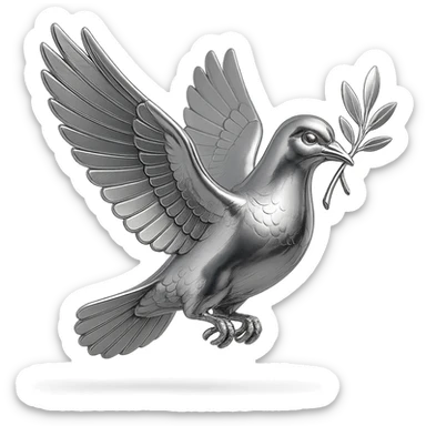 chrome style pigeon flying in profile with a branch in its beak, wings outstretched, highly reflective and metallic sticker
