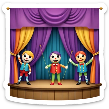IIcon for Puppet Theater: a puppet stage with colorful marionettes, strings, and theatrical curtains. The icon should capture the whimsical and playful nature of puppet theater, with a focus on the characters and craftsmanship. Transparent background. sticker