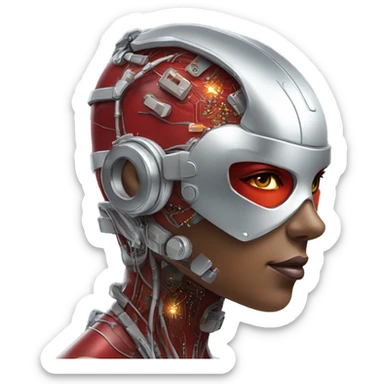 Red skin female cyborg head with silver goggles, silver circuits sticker