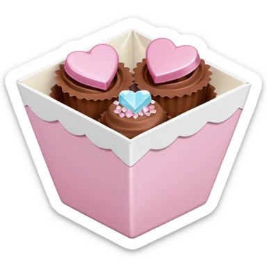 Two sharp-edged square milk chocolate pralines placed diagonally, each in a white fluted paper candy cup, with smooth glossy coating.
Flat thin pastel pink heart icing centered on top with subtle sugar crystal sparkle, clean studio lighting, pure white background, realistic minimal emoji-styleใ sticker