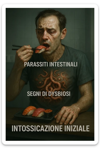 vertical realistic cinematic illustration of a man eating sushi and raw fish, with a visual transition showing his health starting to deteriorate, gradually appearing intestinal parasites, signs of dysbiosis, and early symptoms of malaise, clinical atmosphere, dramatic lighting, Italian captions, aspect ratio 2:3 sticker