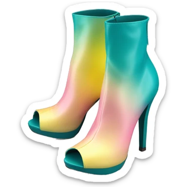 Realistic isolated top view of a pair of dark turquoise paste yellow and light pink ombre peep toe high heel ankle bootie boots.  sticker