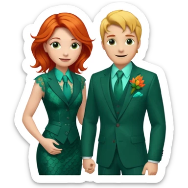 The man, with red hair and visible snake scales, wears a dark green suit with a green tie and an orange boutonnière. The woman, with blonde hair, wears a turquoise ballgown with lace details and holds a colorful tropical bouquet. They smile at each other.  sticker