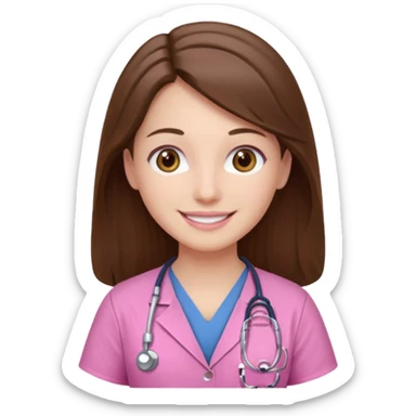 doctor, pink, she, hair brown, eyes brown, scrub baby pink, white skin, long hair, smile  sticker
