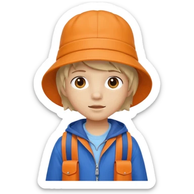 A little student with beige bucket hat, orange jacket, blue backpack sticker