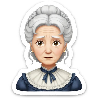 An older Victorian woman with coiffed white hair wearing a modest dress with tears streaming down her face sticker
