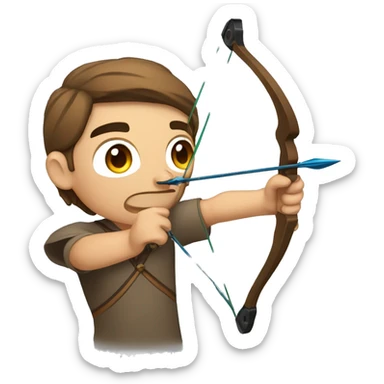 a male archer aiming with a bow looking at his target, wearing a tshirt, brown hair, bright skin, sticker
