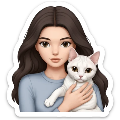 brunette Kendall Jenner with long hair holding on the hands a british white cat and a grey Sphynx sticker