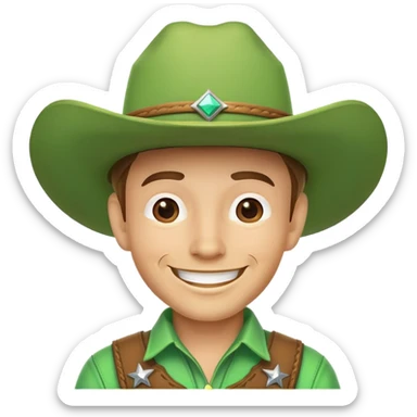 Smiling cowboy wearing a bright green cowboy hat sticker