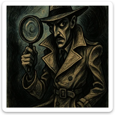 detective character wearing a classic trench coat, holding a magnifying glass, with a mysterious expression, unique artistic style sticker