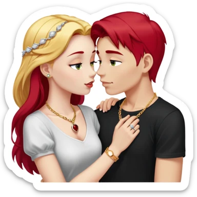 young couple kissing, girl with long cherry red hair and blonde eyebrows, gold A necklace, diamond ring, red bracelet, light clothes, boy with SHORT SNOW WHITE hair, silver ring with black stone, dark t-shirt sticker