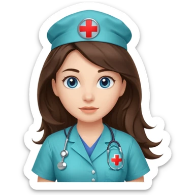 pretty brunette nurse with long hair and blue eyes in dinosaur scrubs sticker