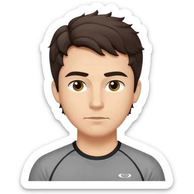 He’s a man with light to medium skin, a defined oval face, full brows, deep-set eyes, and wavy short dark brown tall hair styled with height, sides are trimmed. expression calm and focused relaxed gym training shirt. polished, articulate, and coach vibe. personal development sticker