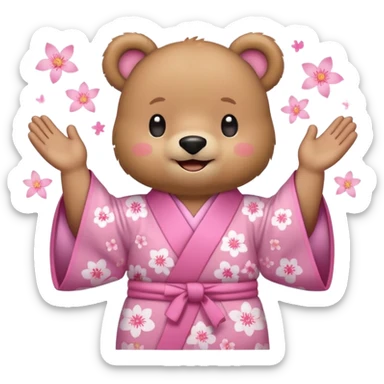 A cute light-brown bear wearing a pastel pink sakura-patterned kimono, normal balanced body ratio.  
Clapping hands cheerfully with a big bright smile and small spark effects around.  
Kawaii emoji style, minimalistic clean sticker illustration, white background.
 sticker