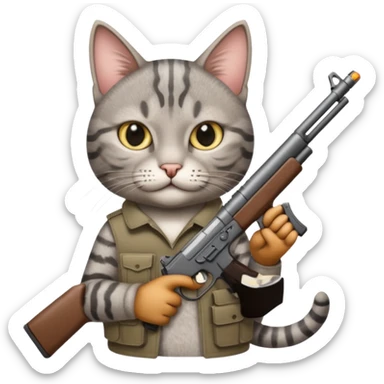 Gray tabby cat with a gun sticker