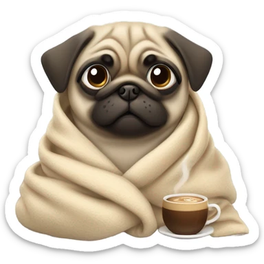 dog pug in a blanket with a cup of coffee sticker
