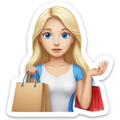 Cinematic realistic blonde with long hair, blue eyes goes shopping in her hands sticker