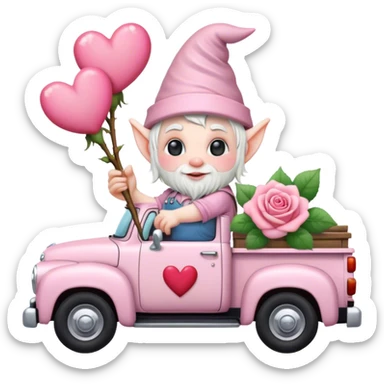 An adorable little pale pink Valentine’s Day style gnome with a rose and hearts in the background riding in the back of a beat up old pick up truck sticker