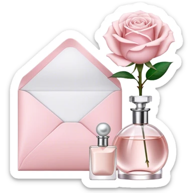 white rose next to a pearl-colored envelope and a flacon of aesthetically pleasing perfume in powder pink  sticker