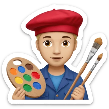 man artist with red beret and painter sticker