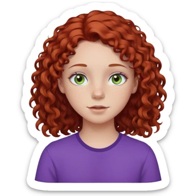 pale white teen girl with light blueish green eyes and freckles with brownish red curly middle part hair and purple shirt sticker