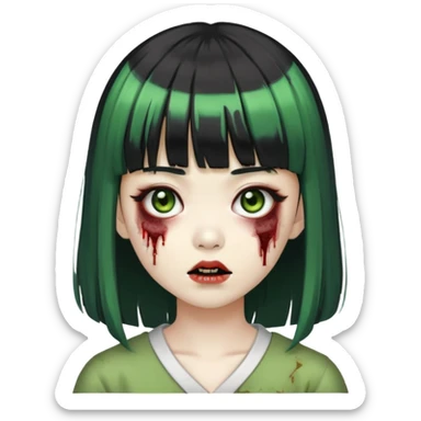 zombie green girl asian with bangs black and long hair black and brown eyes sticker