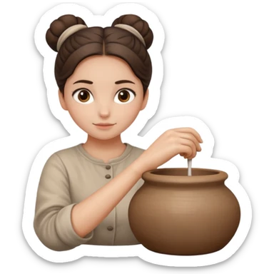 Brunette girl with a bun, behind the potter's wheel, wearing neutral clothing sticker