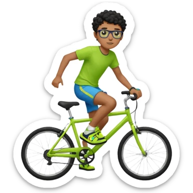 Menino pardo com cabelo curto cacheado preto raspado dos lados, de óculos preto quadrado e blusa verde e amarela bermuda preta e chinelo azul andando de biblicleta verde neon sticker