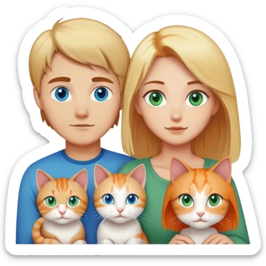 A family with a younger man with blue eyes and short brown hair, a younger woman with blue eyes, mid length blonde hair, and big breasts. And a cat with long hair that is a mix between orange and cream and green eyes sticker