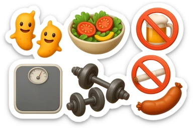 emoji stile iphone di: due batteri intestinali felici, una bowl di insalata, una bilancia pesapersone, manubri da palestra, e un boccale di birra con divieto 3d sopra, una sigaretta con divieto 3d sopra e un wurstel con divieto 3d sopra, fluttuano in aria, iperrealistico 4k sticker