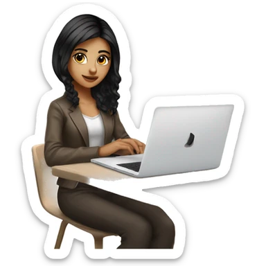 Beautiful programmer girl with black hair and brown highlight streaks hair working with MacBook, with brown eyes  sticker