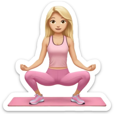 Create a young woman with long blonde hair, golden eyes, and medium-light skin tone, wearing a light pink tank top and leggings. She should be doing home worjout, with a smile sticker